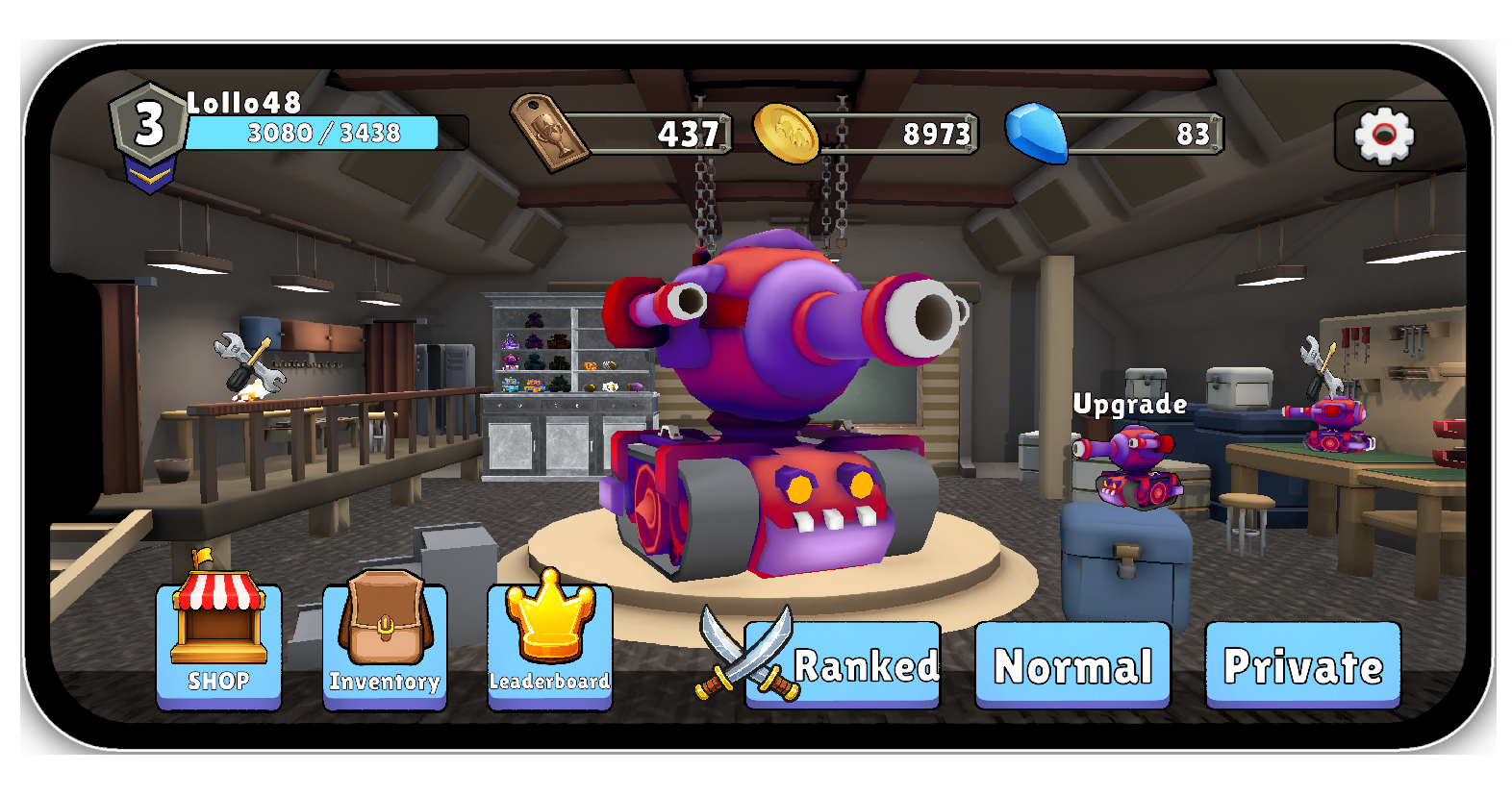 Smash Tank garage and main menu UI